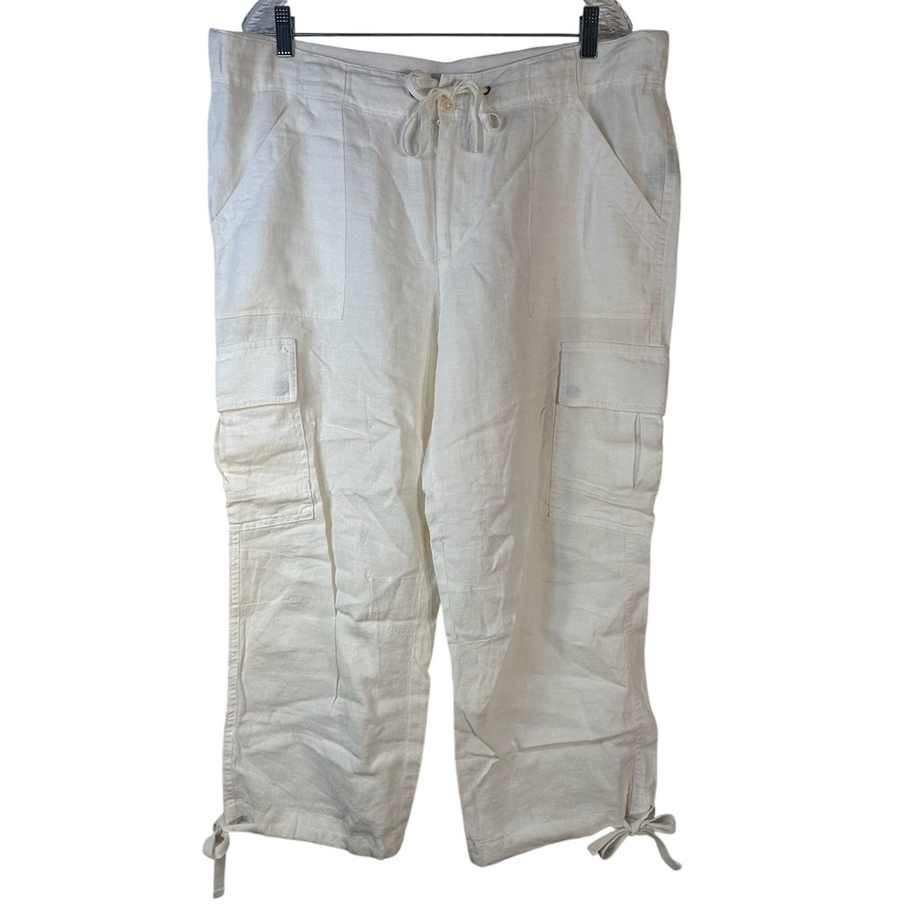 Lauren Ralph Lauren Ivory 100% Linen Cargo Pants Womens XL Drawstring Tie Cuff